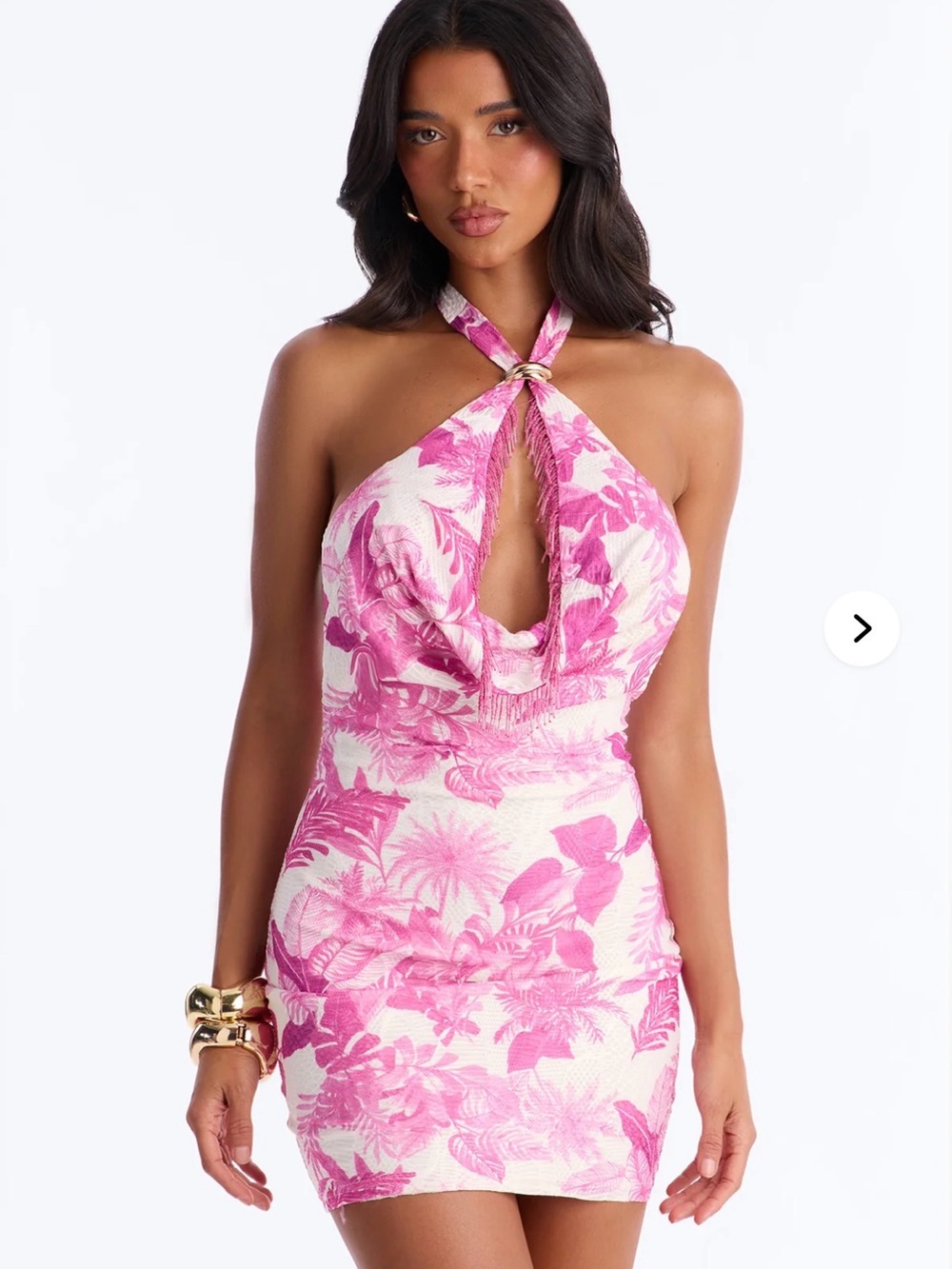 Pink Tropical Halter Mini Dress with Keyhole